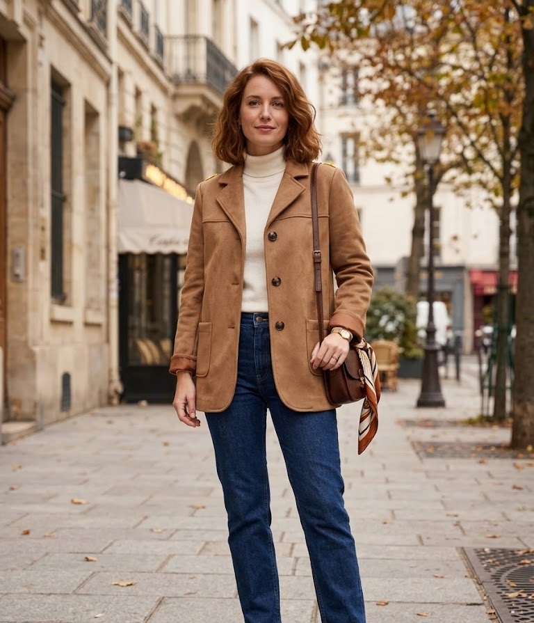 Veste blazer en suédine camel, portée